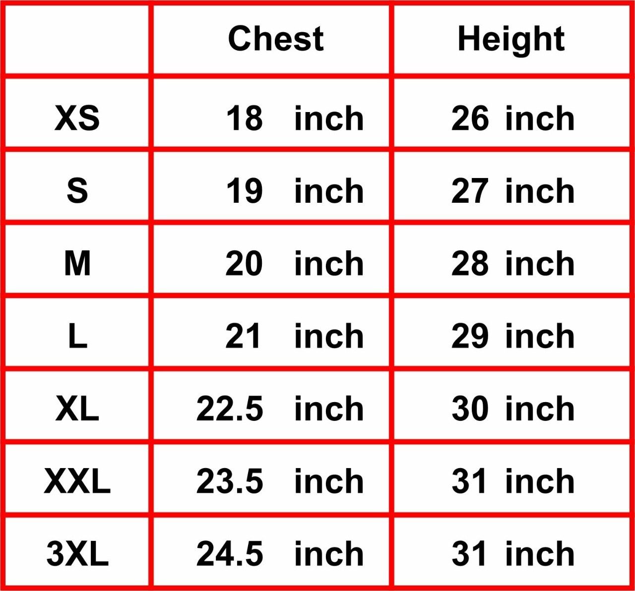 T-shirt size chart